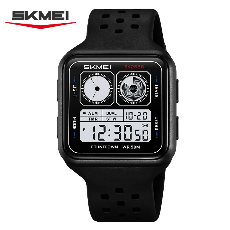 Montre électronique multifonctionnelle de sport de plein air pour hommes SKMEI 2688, boîtier carré tendance, étanche, compte à rebours, reloj hombre