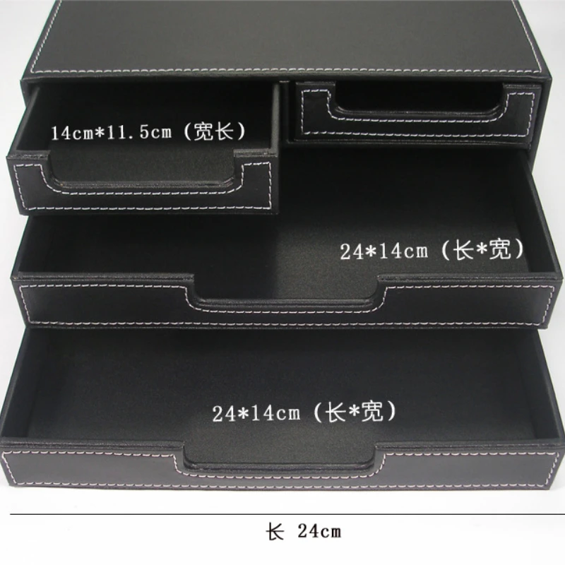 3層の文房具収納ボックス,多機能デスクオーガナイザー,本革,黒