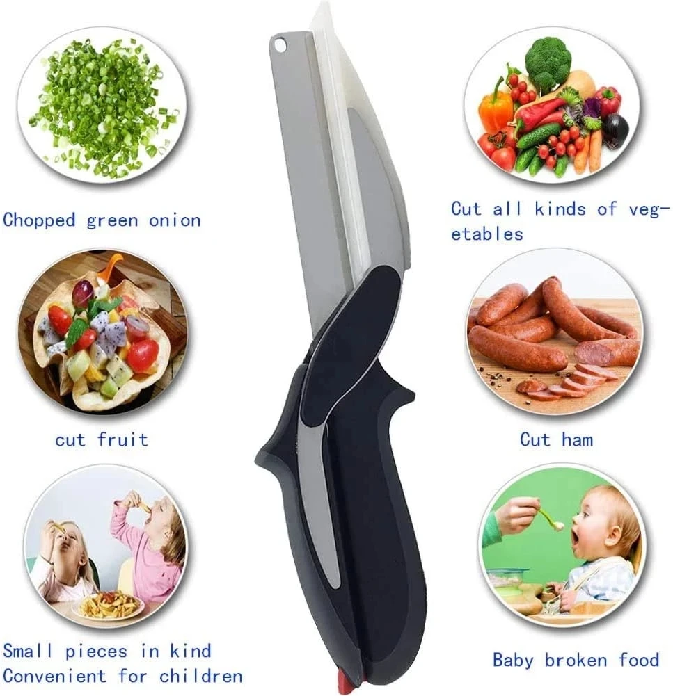 2 in 1 Food Scissor Utility Scissors Knife Board Smart Chef Stainless Steel Ourdoor Meat Potato Cheese Vegetable Kitchen Tool