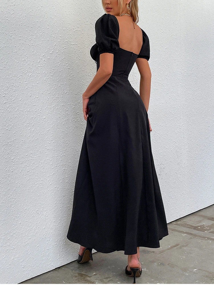 NewAsia Sweet Puff Sleeve Long Dresses Y2K Off Shoulder Cut Out Tie Up Side Split Ruched Robe Femme Summer Dress For Women