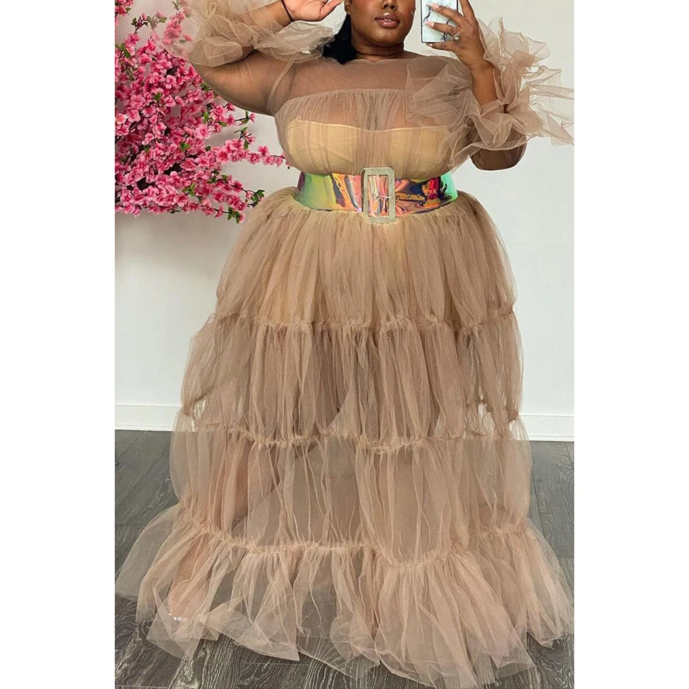 

Plus Size Solid Sheer Ruffle Sleeve Maxi Dresses