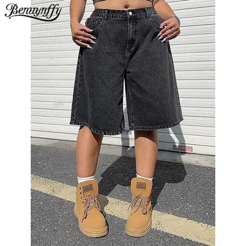 Benuynffy Plus Size Summer Vintage Distressed Baggy Jeans Women Y2k Streetwear Elastic Waist Half Wide Leg Denim Pants Female