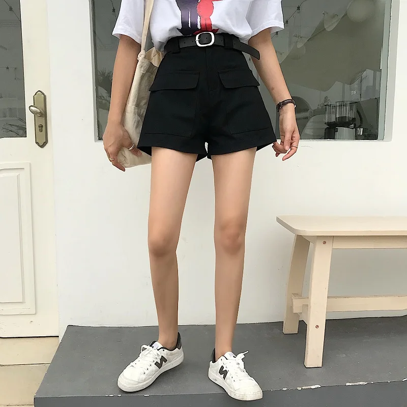 Spring New Korean Style Simple Flanging High Waist Slimming Denim Shorts Female Student All-Matching Straight Wide Leg Hot Pants compression shorts