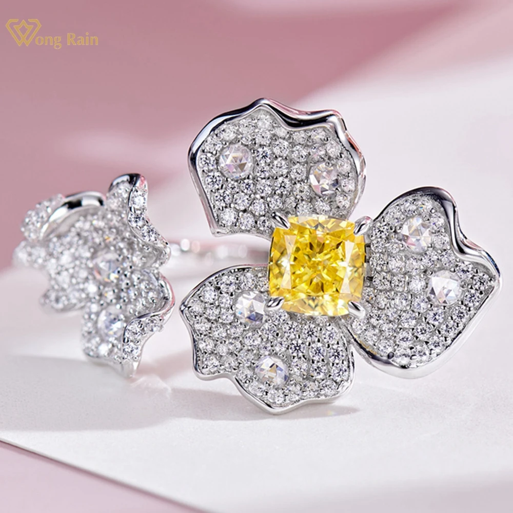 

Wong Rain Luxury 925 Sterling Silver Crushed Ice Cut Citrine High Carbon Diamond Gemstone Open Flower Ring for Women Jewelry