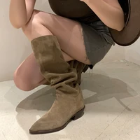 2025 New Kid Suede Retro Women Boots Autumn Winter Slip-On Boots for Women Pointed Toe Square Heel Basic Shoes Knee-high boots