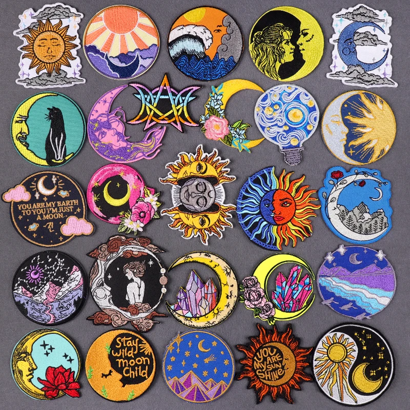 Sonne Und Mond Patch Bestickt Patch Für Kleidung Thermoadhesive Patches Auf Kleidung Aufkleber Eisen Auf Patches DIY Schmelz Abzeichen – Detail 1