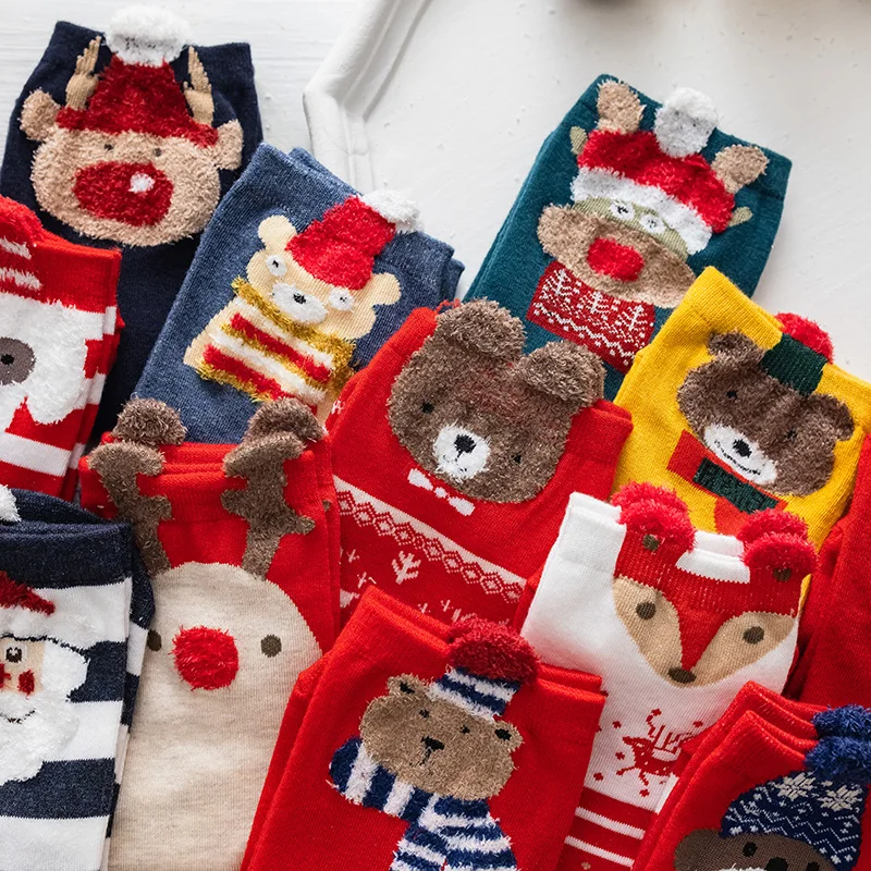 

1 Pair Women Pure Cotton Socks Winter Thick Cartoon Embroidery Christmas Socks Santa Claus Warm Sock Gift Kawaii Cute