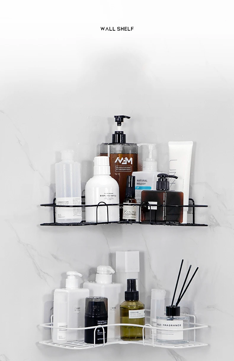 Bathroom shelf with organized skincare and toiletry products