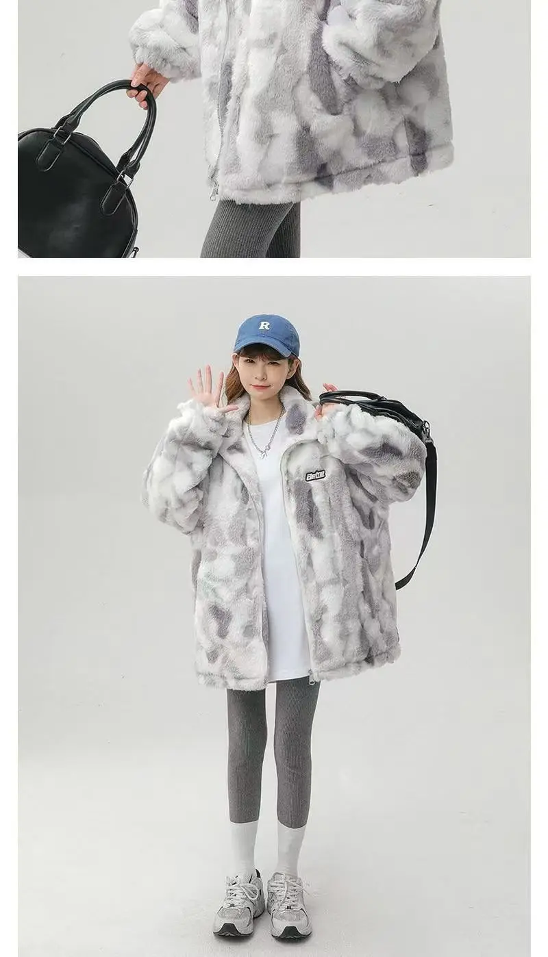 Tie dye Lamb wool Coat 2025 New Winter Trendy Student Cotton Jacket Thicken Loose Stand collar Coats Female Warm Parka Overcoat