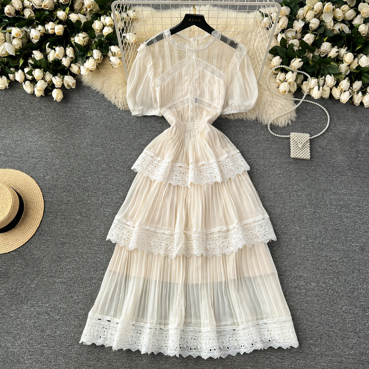 여성용 레트로 우아한 O넥 퍼프 슬리브 레이스 패치워크 원피스, A 라인 캐주얼 하이 웨이스트 원피스, 여름 세리머니 원피스 