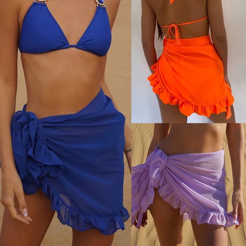 Women’s Chiffon See-Through Beach Cover-Up – Bikini Wrap, Pareo Sarong Dress, Solid Ruffle Casual Beachwear Decor Safety Accessories Scarves & sarongs