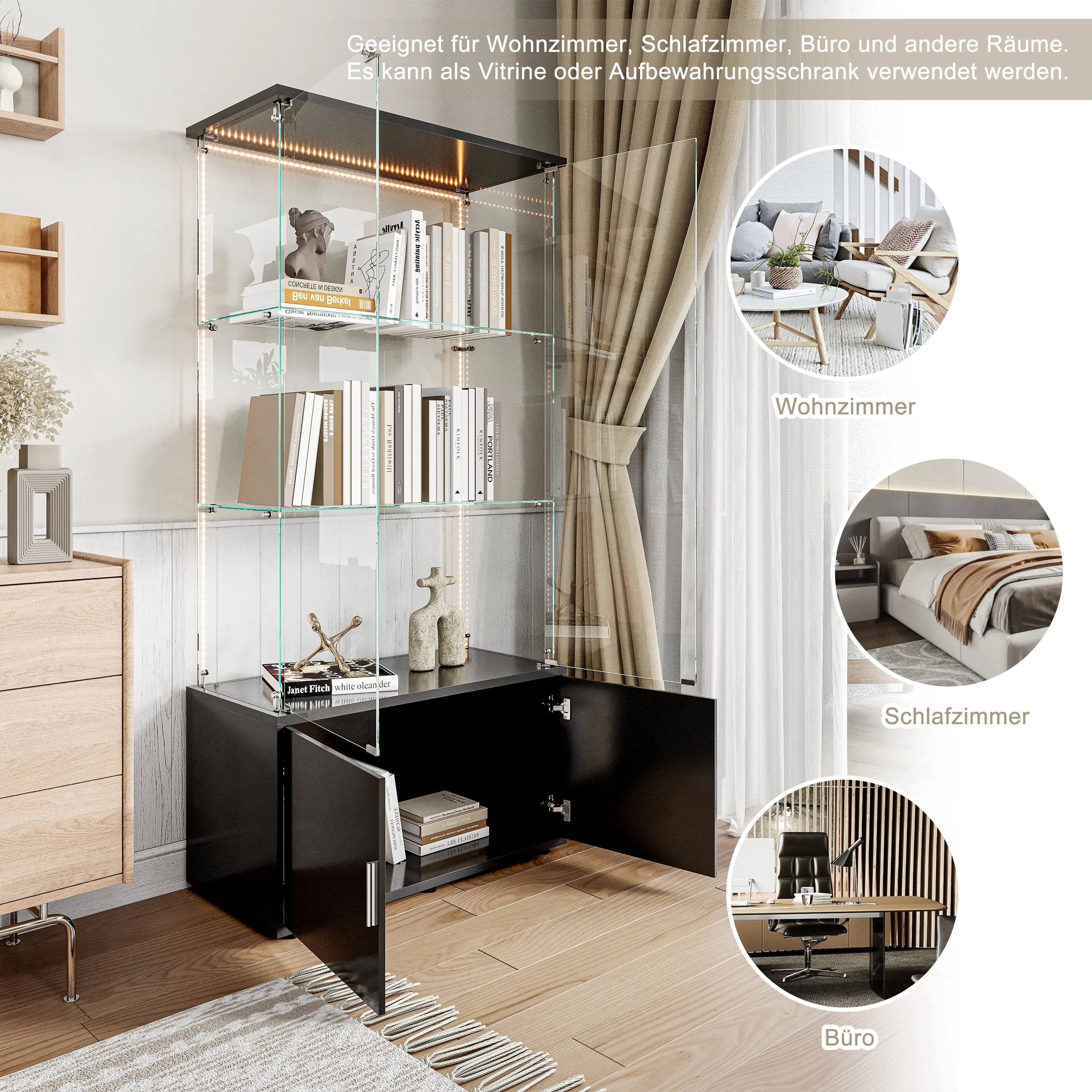 Rosahqnda Glasvitrine mit LED-Beleuchtung, 4 Ebenen & 2 abschließbare Türen, moderner Holzschrank für Sammlervitrinen – Detail 38