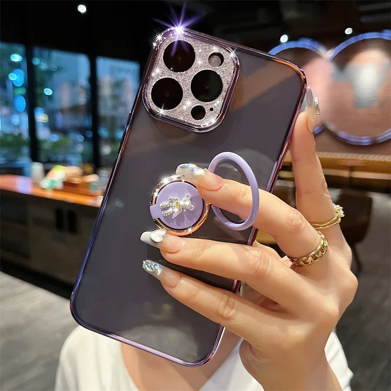 

New Luxurious 3D Ring Holder Plating Matte Phone Case For iPhone 14 13 12 11 Pro Max 14Plus Transparent Lens All Inclusive Cover