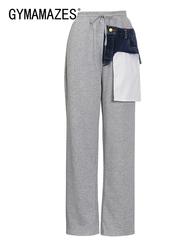 

GYMAMAZES Casual Spliced Denim Pockets Pants For Women High Waist Patchwork Drawstring Minimalist Pant Female Fashion Clothing