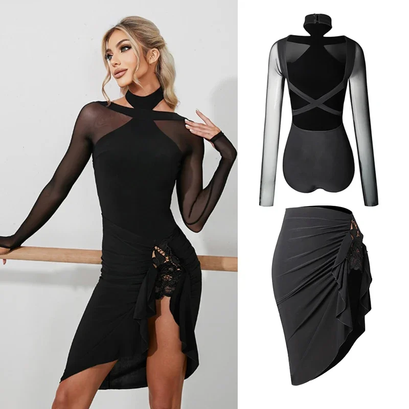 

2022 Latin Dance Costume Women Black Tops Skirt Long Sleeves Practice Wear Salsa Dance Dress Rumba Performance Costume DNV17149