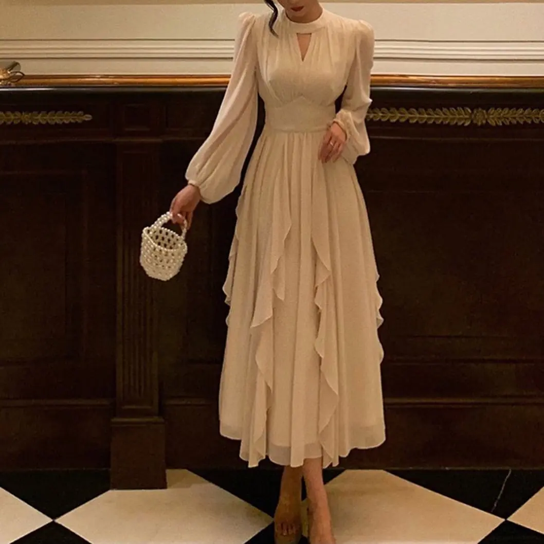 

FLORINE TULIRAIN O-neck Full Sleeve White Tea-length Ruffle Wedding Evening Dress Cocktail Prom Gown For Sexy Women