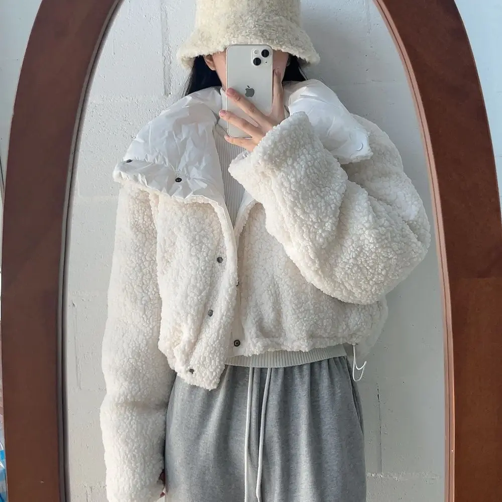 Korean Double-Sided Wear Lamb Fur Patchwork Down Cotton Jacket Women's Autumn Winter Fashion Short Big Lapel Student Bread Coat