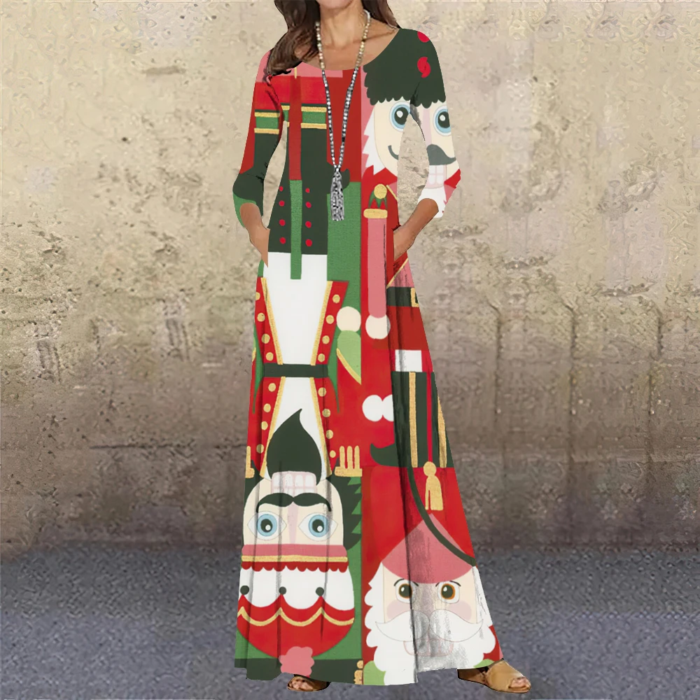 Nutcracker Print Pocket Christmas Dresses Women Daily Life Tops Fit and Flare Elegant Pretty Evening Dress Sexy Banquet Dresses