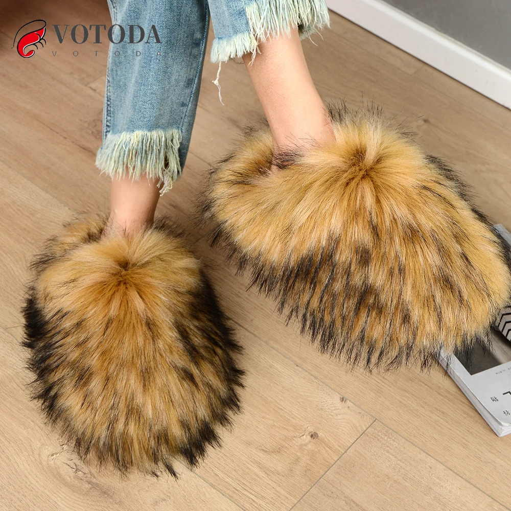 Løve Nogle gange nogle gange temperament New Winter Women Fur Slippers Furry Raccoon Fox Fur Slides Faux Fur Plush  Fuzzy Flip Flop Warm Fluffy Slipper Luxury Shoes Woman