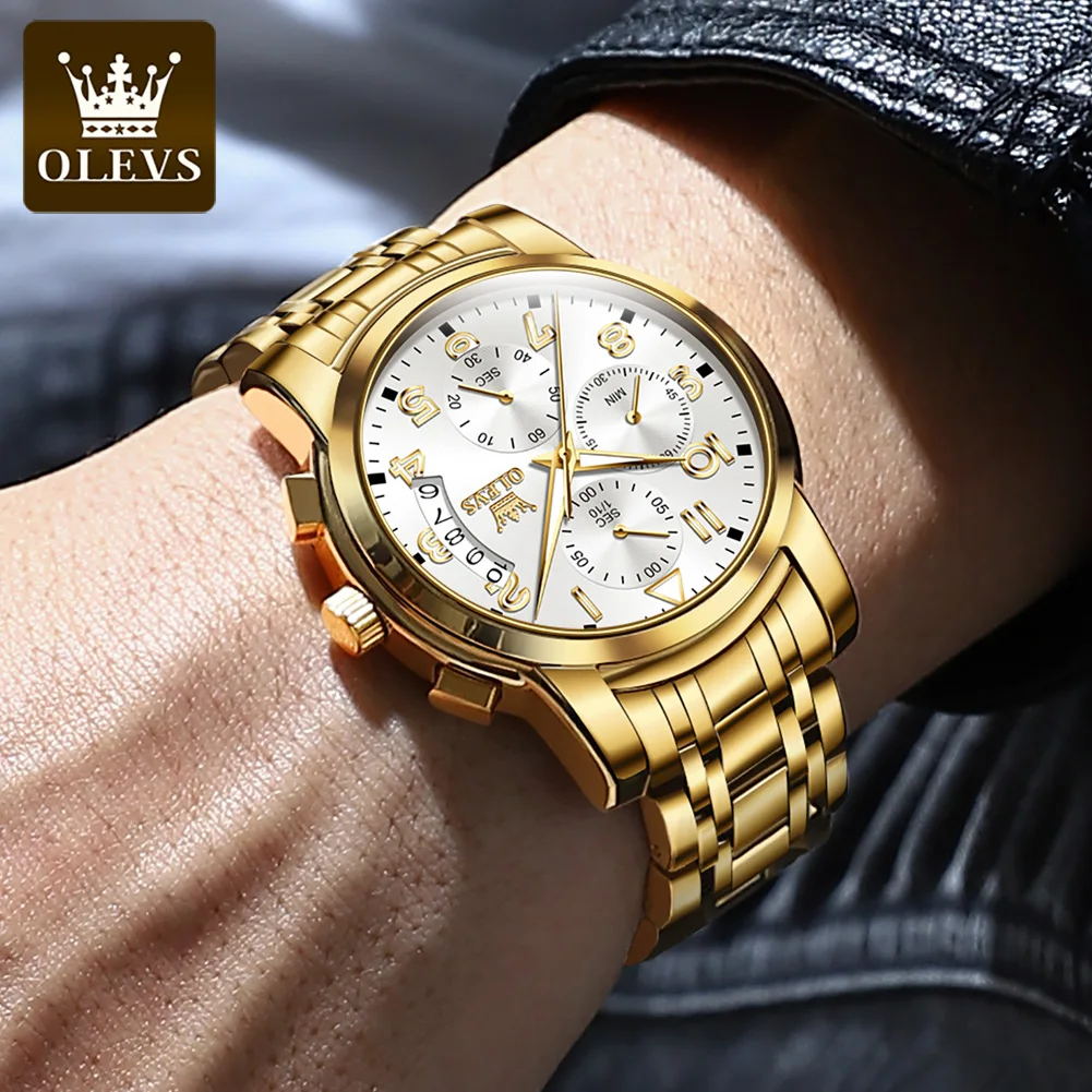 OLEVS Fashion Watch for Men Luxury Golden Stainless Steel Men's Watches Chronograph Luminous Dial Quartz Wristwatch Reloj Hombre