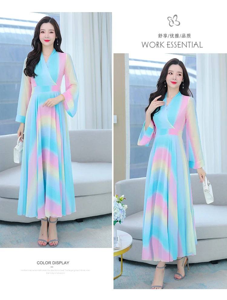 Elegant Chiffon Beach Casual Long Sleeve Dresses Women Clothing Spring Summer Prom Korean Fashion Maxi Dress 2023 Luxury Evening