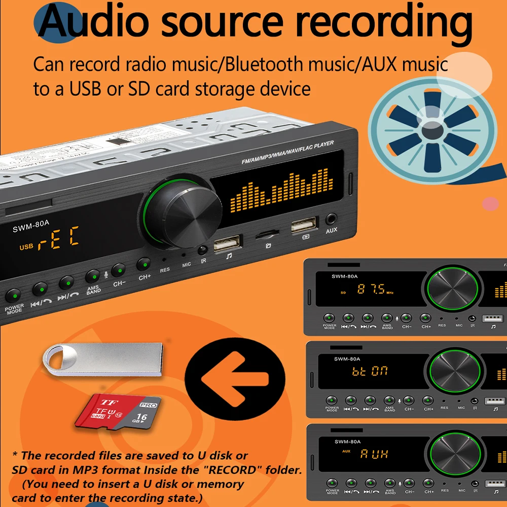 1DIN Car Digital STEREO Radio MP3 Player Bluetooth 12V 60W x 4 FM Audio USB/SD 3.5mm auX-in Compatible