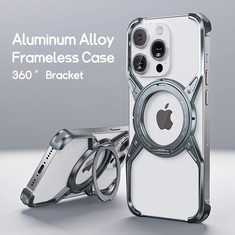 For iPhone 13 14 15 Pro Max 360° Stand Metal Frameless Magnetic Aluminium Alloy Phone Case Rimless Bumper Metal Shockproof Cover