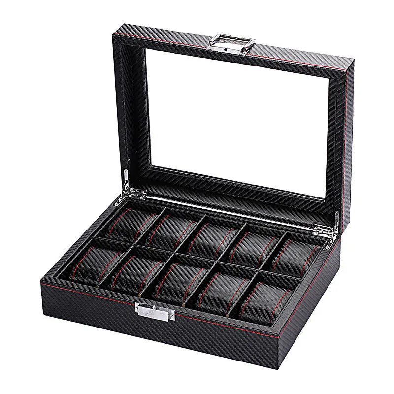Watch Box 6 Slot Watch Box Organizer for Men Display Case with Glass Topped for Gift Business Carbon Fiber Leather