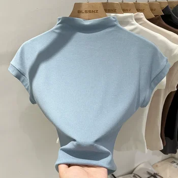 2025 تي شيرتات قصيرة الاكمام المرأة الصلبة بسيطة عادية لينة كل مباراة الأساسية بلايز تيز الصيف موضة نحيل القمم أسود أبيض 4