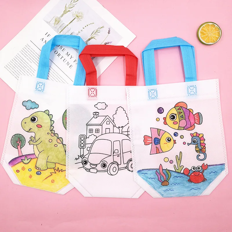5pcs Graffiti Bag Non-woven Fabric Children Handmade Puzzle DIY Toys Environment Protection Painting Handbag Kids Gift TMZ 2