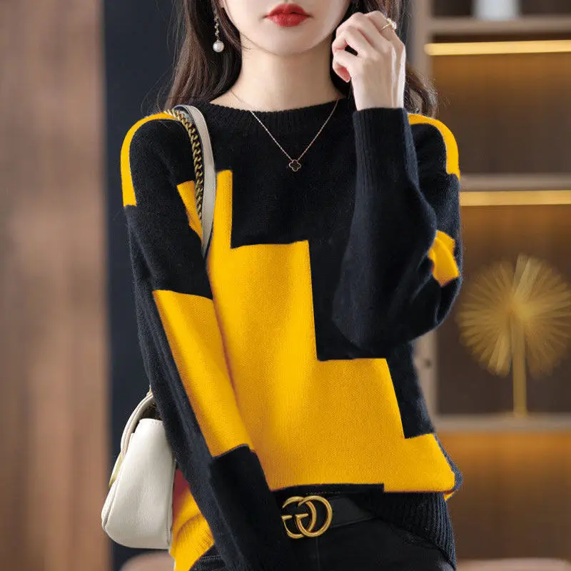 Fashion O-Neck Spliced Knitted Color Sweater Female Clothing 2022 Autumn  New Loose Casual Pullovers All-match Korean Tops