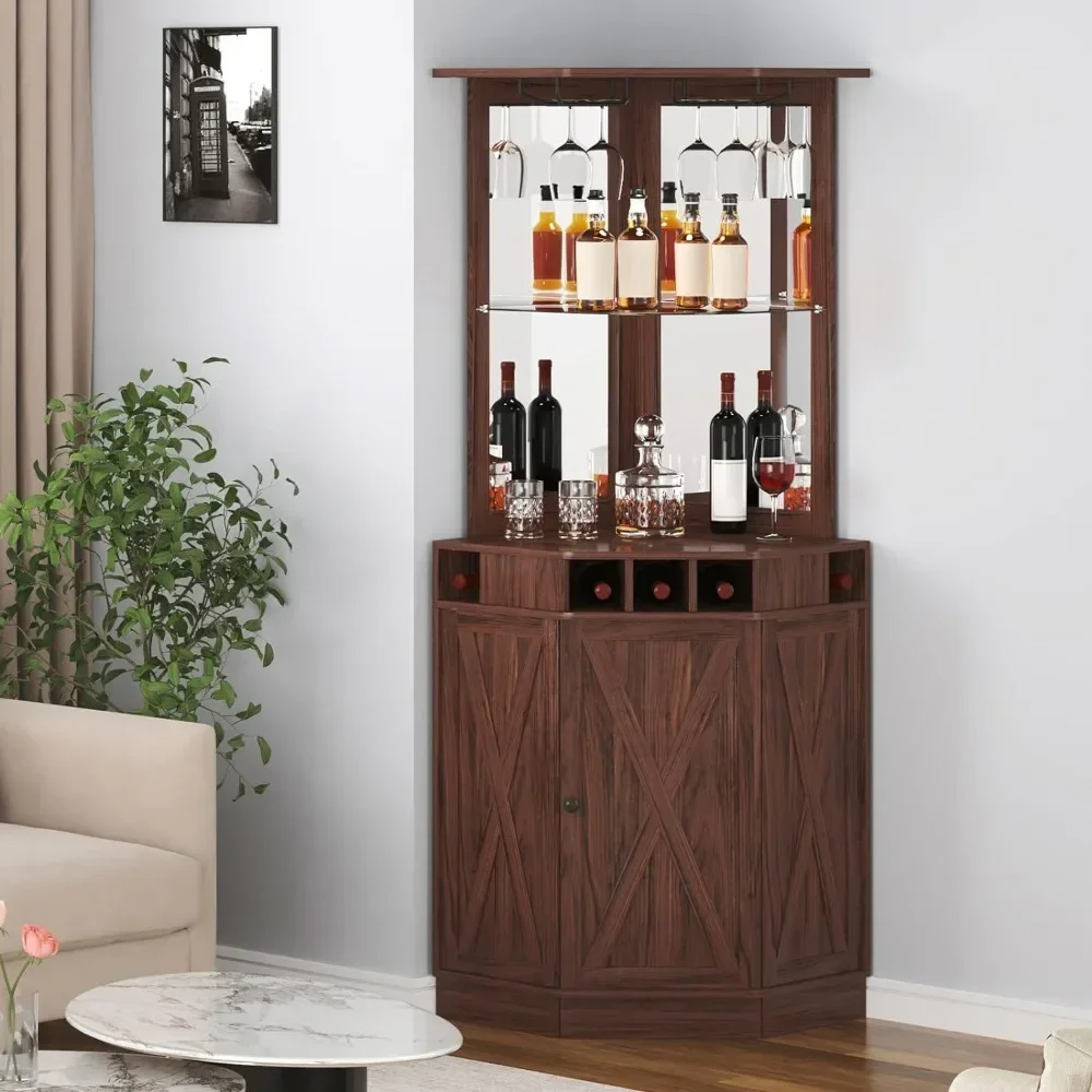 Corner Industrial Bar Cabinet, Wine Table for Liquor & Glasses, Sideboard Buffet Cabinet with Glass Holder, Bar Cabinet