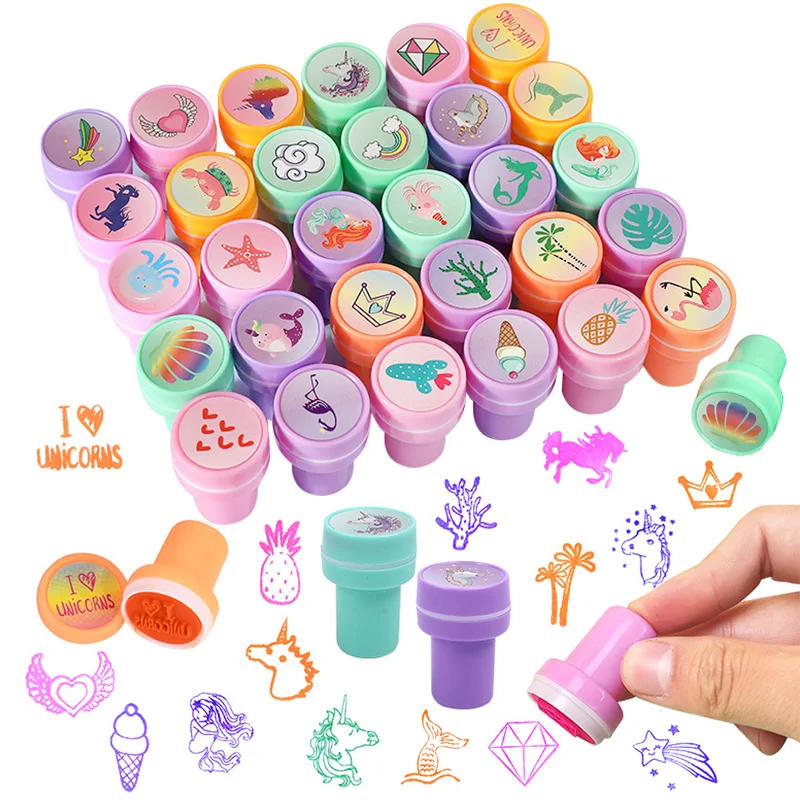 10Pcs Cartoon Self-ink Stamps Kids Mermaid Unicorn Birthday Party Favors Gift Flamingo Hawaiian Party Decor Supplies Wedding