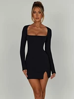 Autumn New Women Dresses Fashion Streetwear Long Sleeves Split Lace-up Mini Dress Black Sexy Backless Female Casual Slim Dresses