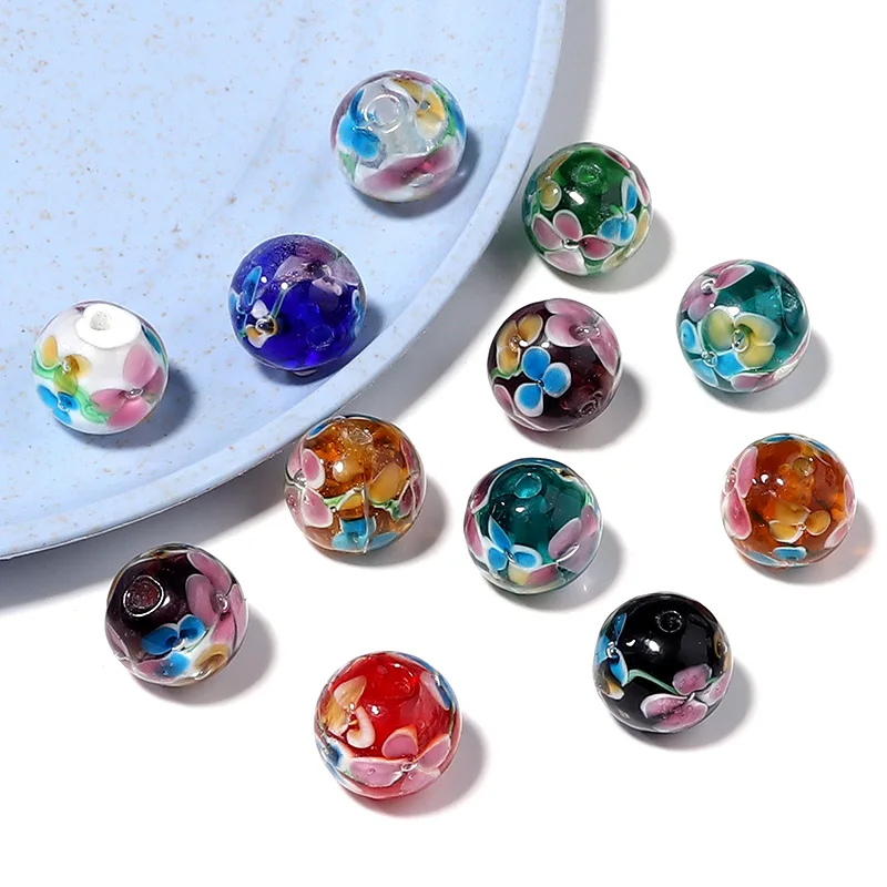 5Pcs 12mm Lampwork Glass Beads – Round Handmade Style – Flower Pattern – DIY Jewelry