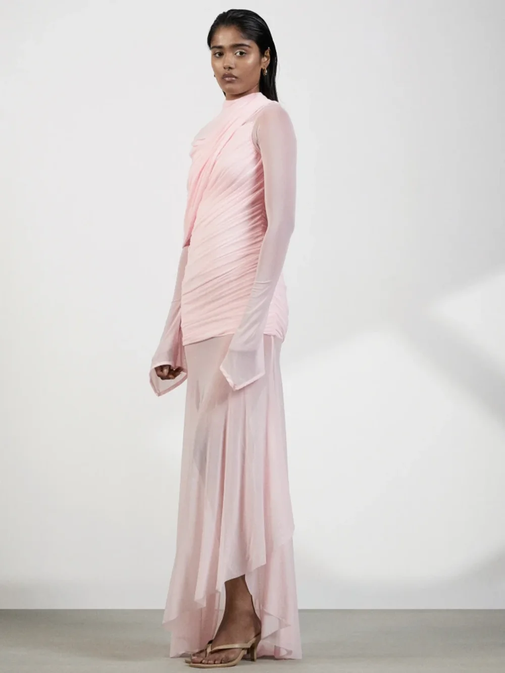 Modphy Sexy Solid Mesh Folds Shawl Design Slim Long Maxi Dress Women Long  Sleeves Pink Elegant Evening Party Formal Gowns - AliExpress 200000345