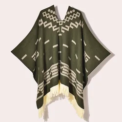 Women's Ethnic Style Tassel Poncho with Hood - Winter Warm Jacquard Cape Blanket - 130x150cm (Style 1)