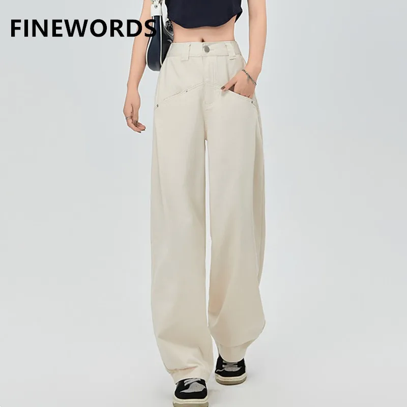 

FINEWORDS Vintage Highstreet Beige High Waist Jeans Women Wide Leg Korean Jeans Fashion Streetwear Punk Loose Casual Denim Pants