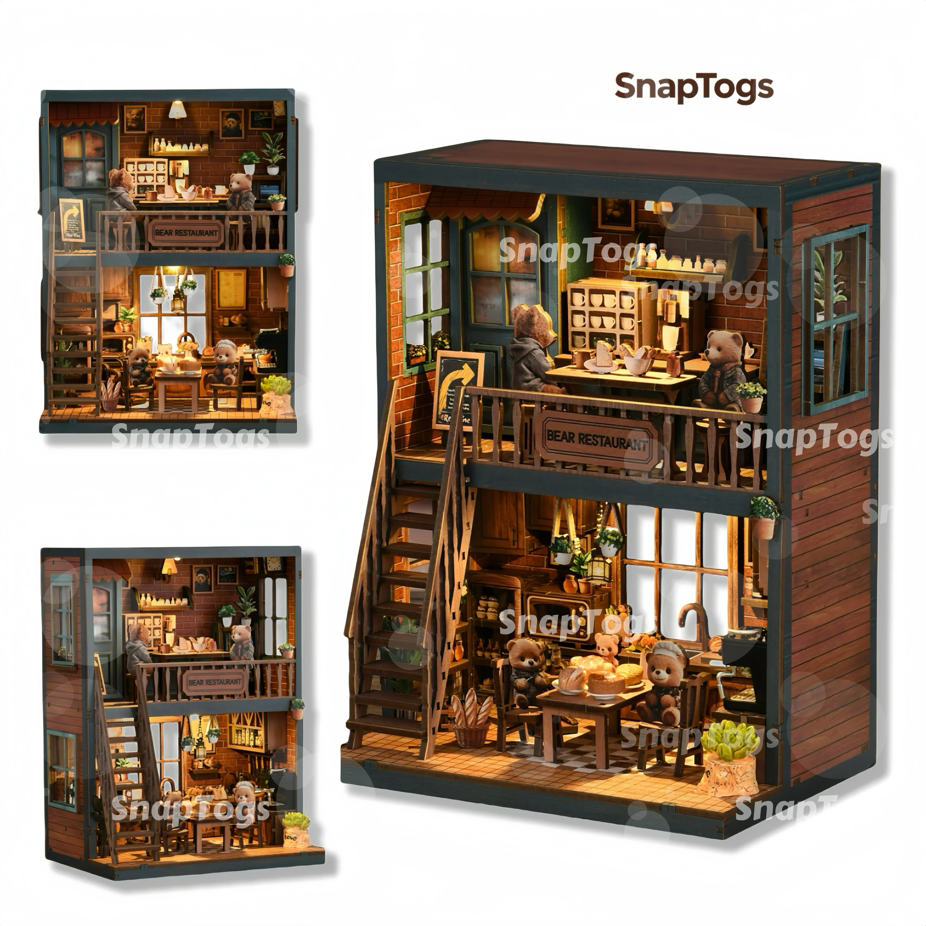 SnapTogs Bear Restaurant Book Nook DIY Miniature Kit Cozy Doll