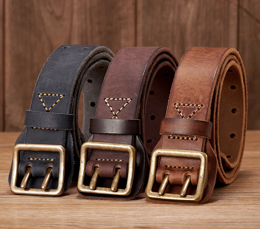 3.8CM Original Handmade Double-needle Buckle Men Belt Made Old Macho Jeans Belt Thick Real Genuine Leather Army Tactical Belt