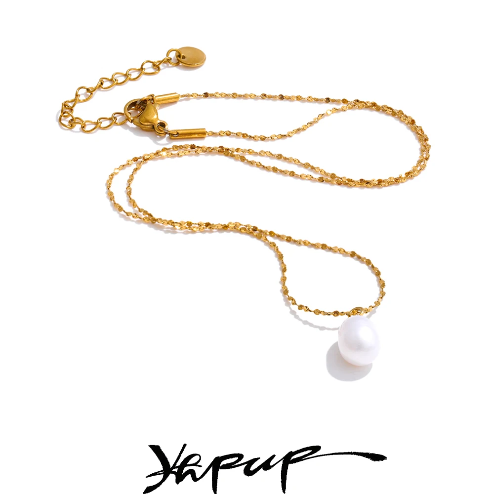 Yhpup Pearl Pendant Necklace Women Stainless Steel
