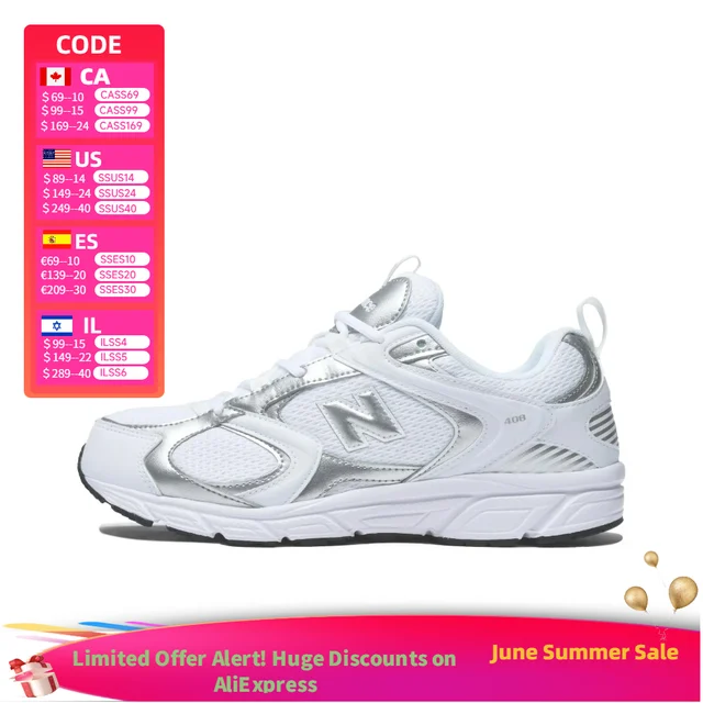 New Balance 408 : Chaussures décontractées basses confortables, élégantes, durables et respirantes pour hommes et femmes – Blanc et argent ML408WM 1