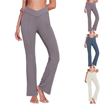 Women Casual Active Fit Pants Elastic High Waist Slim Fit Bootcut Pants Daily Running Exercise Yoga Line Splicing Trousers 2