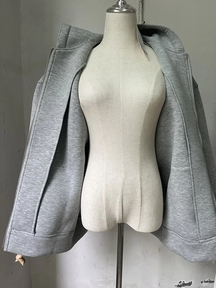 Autumn Winter Warm Long Jacket With Hood Long Sleeve Zipper Gray Bomber Jacket Y2k Women Casual Outerwear Coat Tops Streetwear