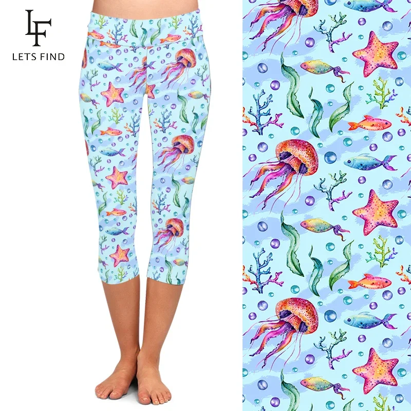 LETSFIND Fashion Jellyfish, Aquatic Plants, Starfish Printing High Waist Women Capri Leggings High Quaility Slim Fitness Pants