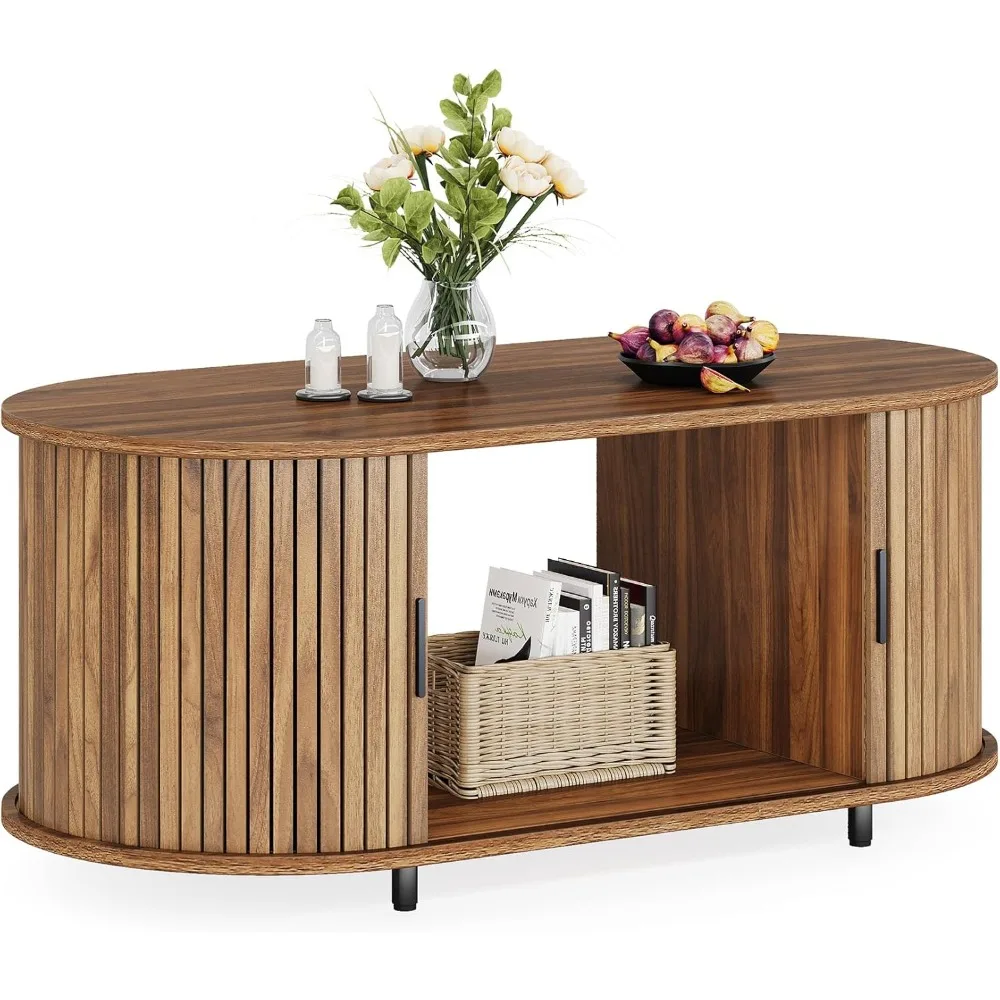 Coffee Table with Storage, 47.24" Farmhouse Wood Oval Center Table, 2-Tier Tea Cocktail Table with Sliding Door for Living Room 6