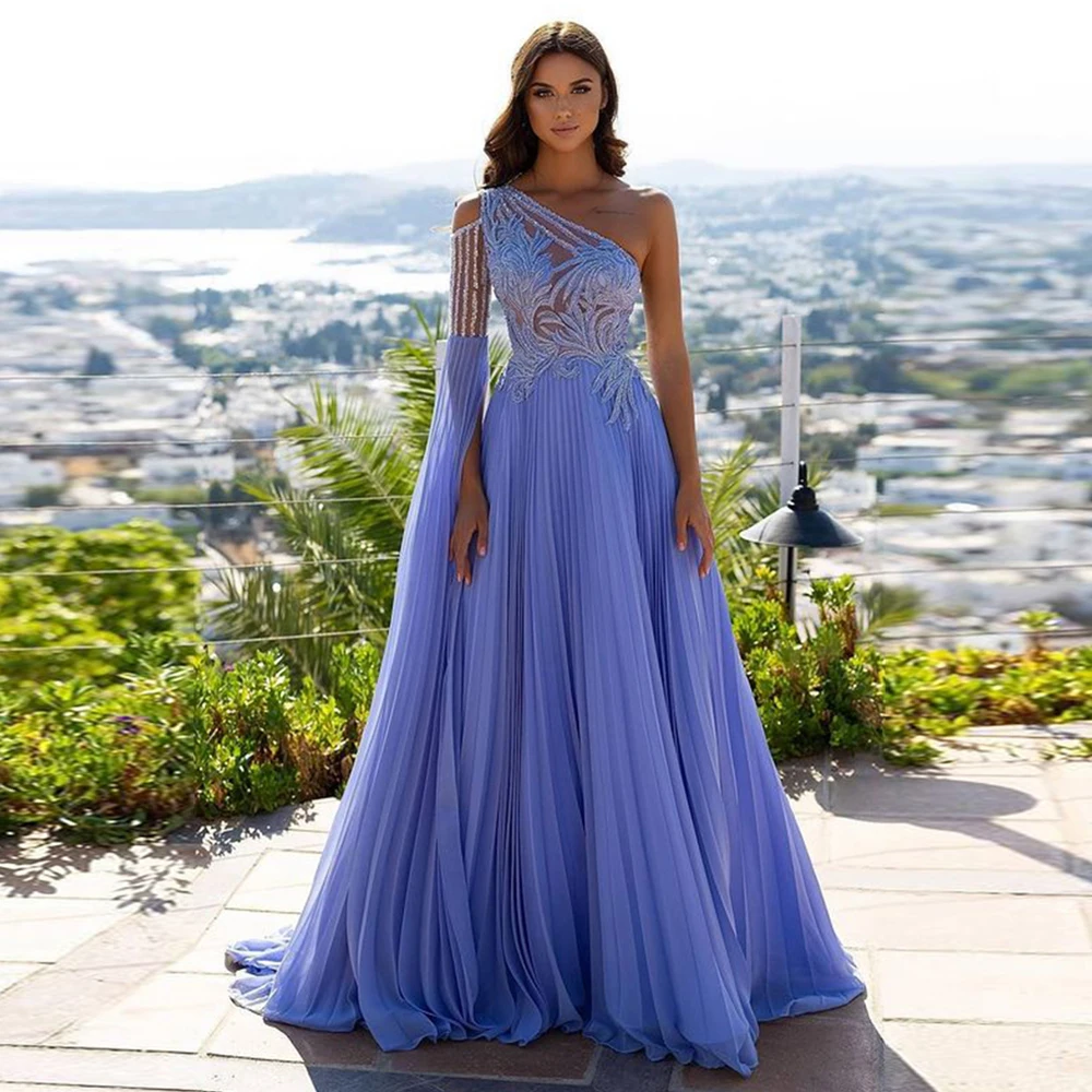 

Blue Purple Evening Gowns A-Line Tulle Women Sexy One Shoulder Sleeve Sparkling Sequins Formal Prom Party Dresses Robe De Soirée