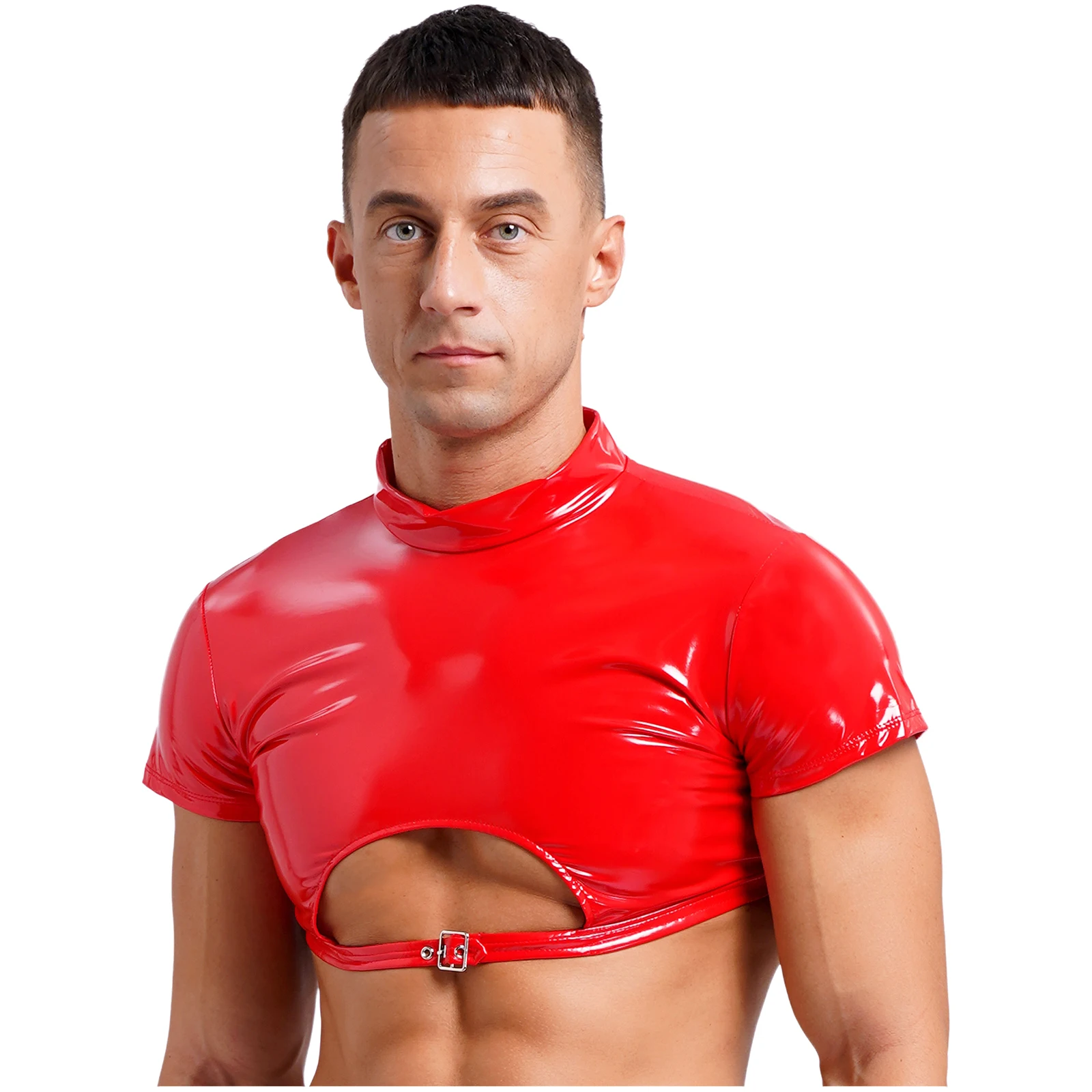 thumbnail image 1 of Top corto ajustado con cremallera para hombre, Top de charol con cuello alto, ropa para discoteca, ropa de dormir de manga corta con hebilla recortada en la espalda para Bar Fiesta Disco, 1 of 5