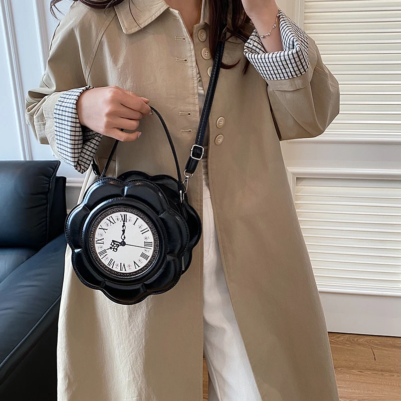 Kreative Umhängetasche für Damen, runde Uhrform, Umhängetasche, Retro-PU-Leder, Designer-Handy-Geldbörse für süße Mädchen und kleine Handtasche – Detail 9