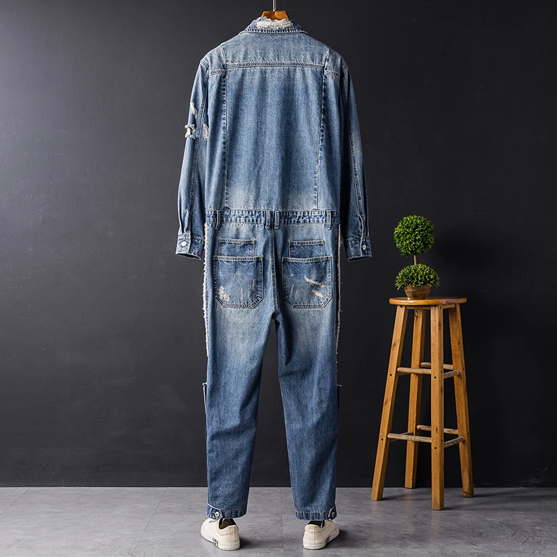 European and American personality fashion men's denim jumpsuit hip-hop men's ripped jeans performance clothes